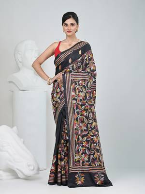 Black silk blend kantha stitch saree with multicolor thread work 1