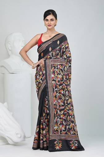 Black silk blend kantha stitch saree with multicolor thread work