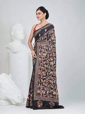 Black silk blend kantha stitch saree with multicolor thread work 2