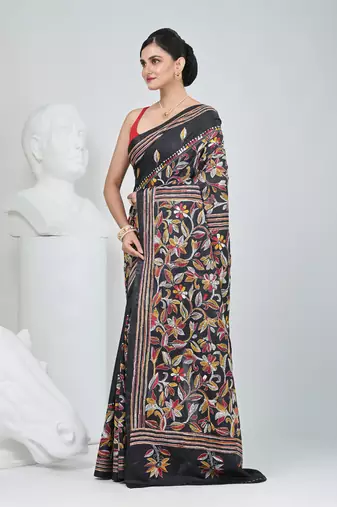 Black silk blend kantha stitch saree with multicolor thread work