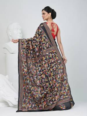 Black silk blend kantha stitch saree with multicolor thread work 3