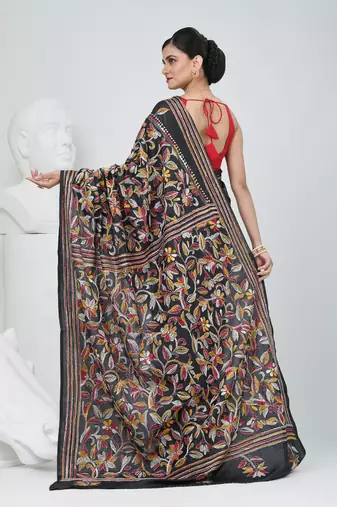 Black silk blend kantha stitch saree with multicolor thread work