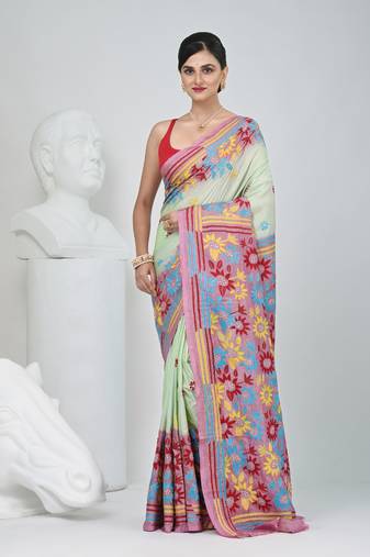 Elegant pistachio green and pink silk blend kantha stitch saree with floral motif