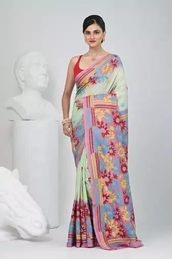 Elegant pistachio green and pink silk blend kantha stitch saree with floral motif