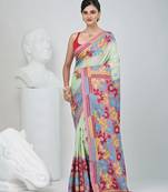 Elegant pistachio green and pink silk blend kantha stitch saree with floral motif