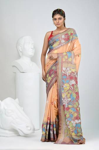 Elegant peach and brown silk blend kantha stitch saree with floral motif