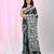 Dark green silk blend kantha stitch saree with white leaf & floral thread work