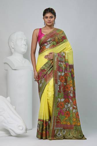 Elegant yellow and green silk blend kantha stitch saree with floral motif