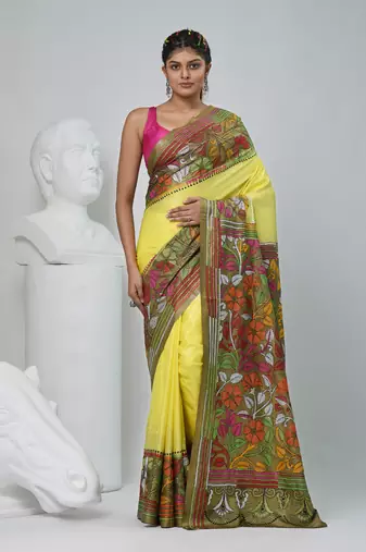 Elegant yellow and green silk blend kantha stitch saree with floral motif