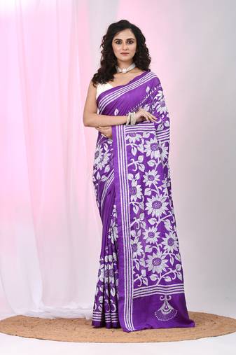 Violet silk blend kantha stitch saree with white floral thread work