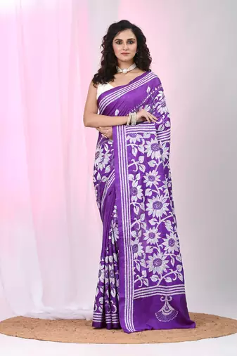 Violet silk blend kantha stitch saree with white floral thread work