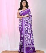 Violet silk blend kantha stitch saree with white floral thread work