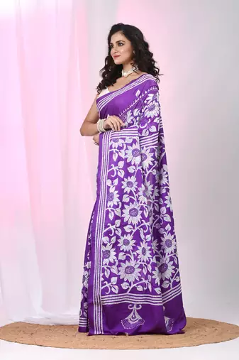 Violet silk blend kantha stitch saree with white floral thread work