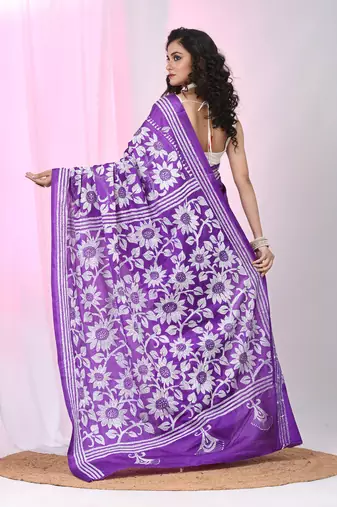 Violet silk blend kantha stitch saree with white floral thread work