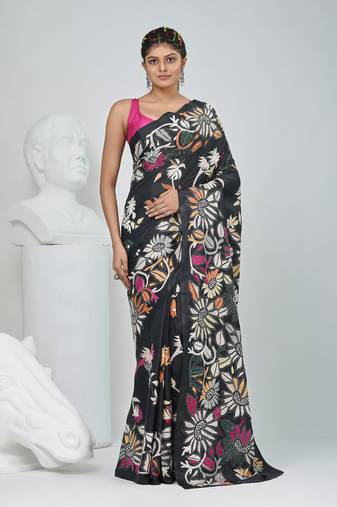 Charcoal silk blend kantha stitch saree with multicolor thread work