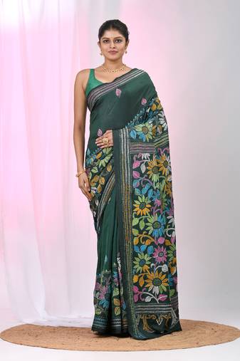 Bottle green silk blend kantha stitch saree with multicolor thread work