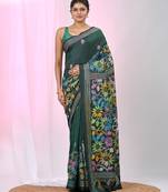 Bottle green silk blend kantha stitch saree with multicolor thread work