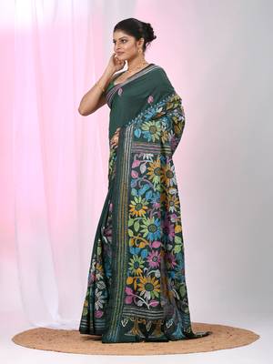 Bottle green silk blend kantha stitch saree with multicolor thread work 2