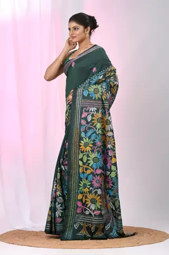 Bottle green silk blend kantha stitch saree with multicolor thread work