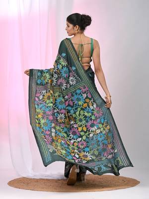 Bottle green silk blend kantha stitch saree with multicolor thread work 3