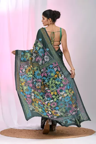 Bottle green silk blend kantha stitch saree with multicolor thread work