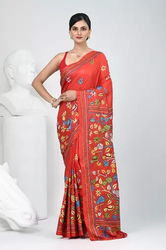 Red silk blend kantha stitch saree with multicolor thread work