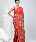 Red silk blend kantha stitch saree with multicolor thread work
