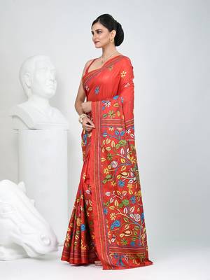Red silk blend kantha stitch saree with multicolor thread work 2