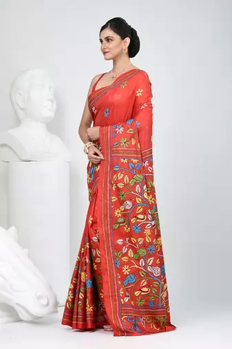 Red silk blend kantha stitch saree with multicolor thread work