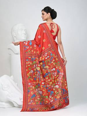 Red silk blend kantha stitch saree with multicolor thread work 3