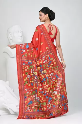 Red silk blend kantha stitch saree with multicolor thread work