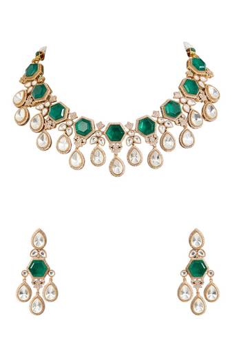 Gold plated green stone choker necklace set