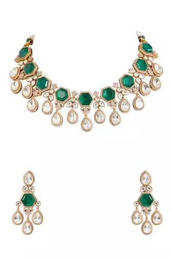 Gold plated green stone choker necklace set