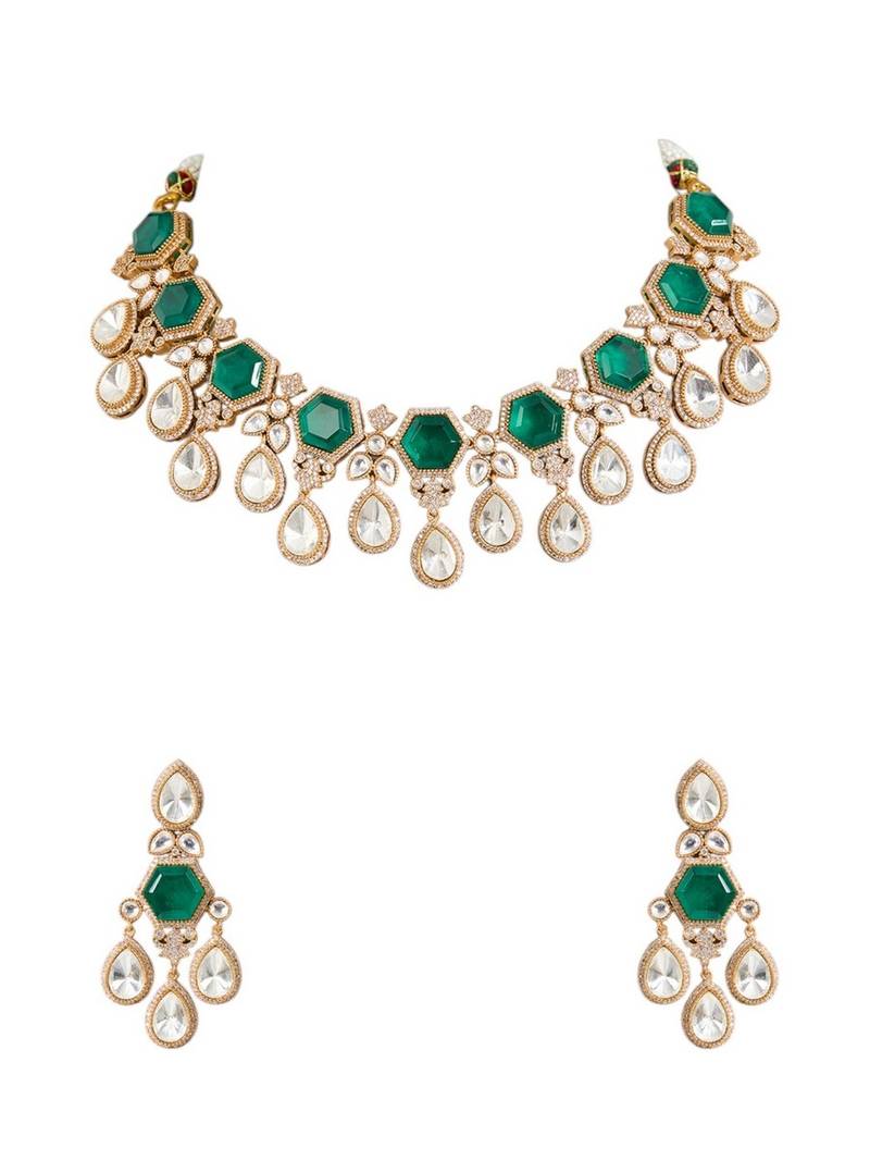 Gold plated green stone choker necklace set