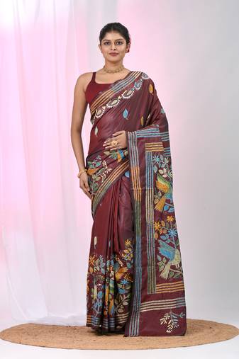 Maroon silk blend kantha stitch saree with multicolor thread work