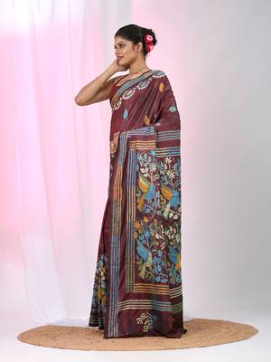 Maroon silk blend kantha stitch saree with multicolor thread work 2