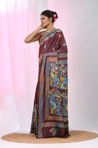 Maroon silk blend kantha stitch saree with multicolor thread work