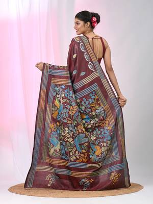 Maroon silk blend kantha stitch saree with multicolor thread work 3