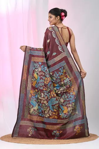 Maroon silk blend kantha stitch saree with multicolor thread work