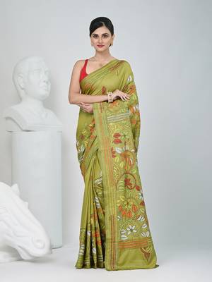 Pistachio green silk blend kantha stitch saree with multicolor thread work 1