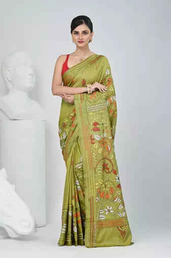 Pistachio green silk blend kantha stitch saree with multicolor thread work