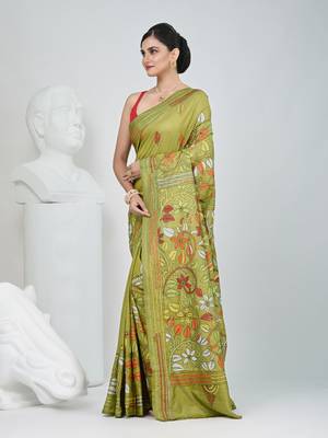 Pistachio green silk blend kantha stitch saree with multicolor thread work 2