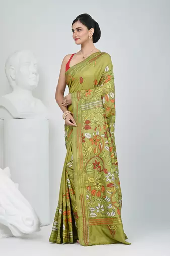 Pistachio green silk blend kantha stitch saree with multicolor thread work