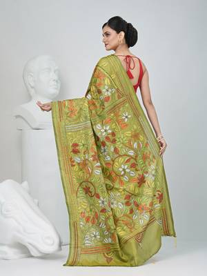 Pistachio green silk blend kantha stitch saree with multicolor thread work 3
