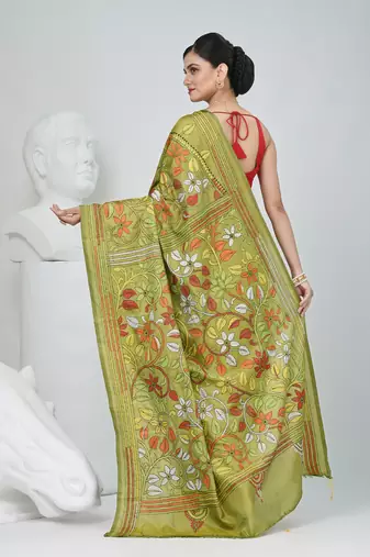 Pistachio green silk blend kantha stitch saree with multicolor thread work