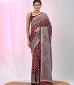 Maroon silk blend kantha stitch saree with geometric & floral thread work