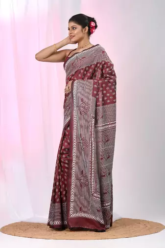 Maroon silk blend kantha stitch saree with geometric & floral thread work