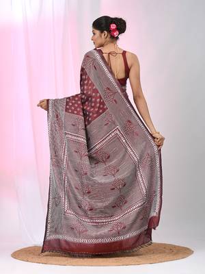 Maroon silk blend kantha stitch saree with geometric & floral thread work 3