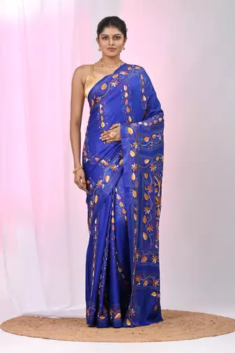 Blue silk blend kantha stitch saree with multicolor thread work