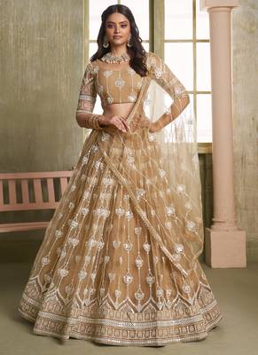 beige butterfly net thread sequence lehenga choli 1